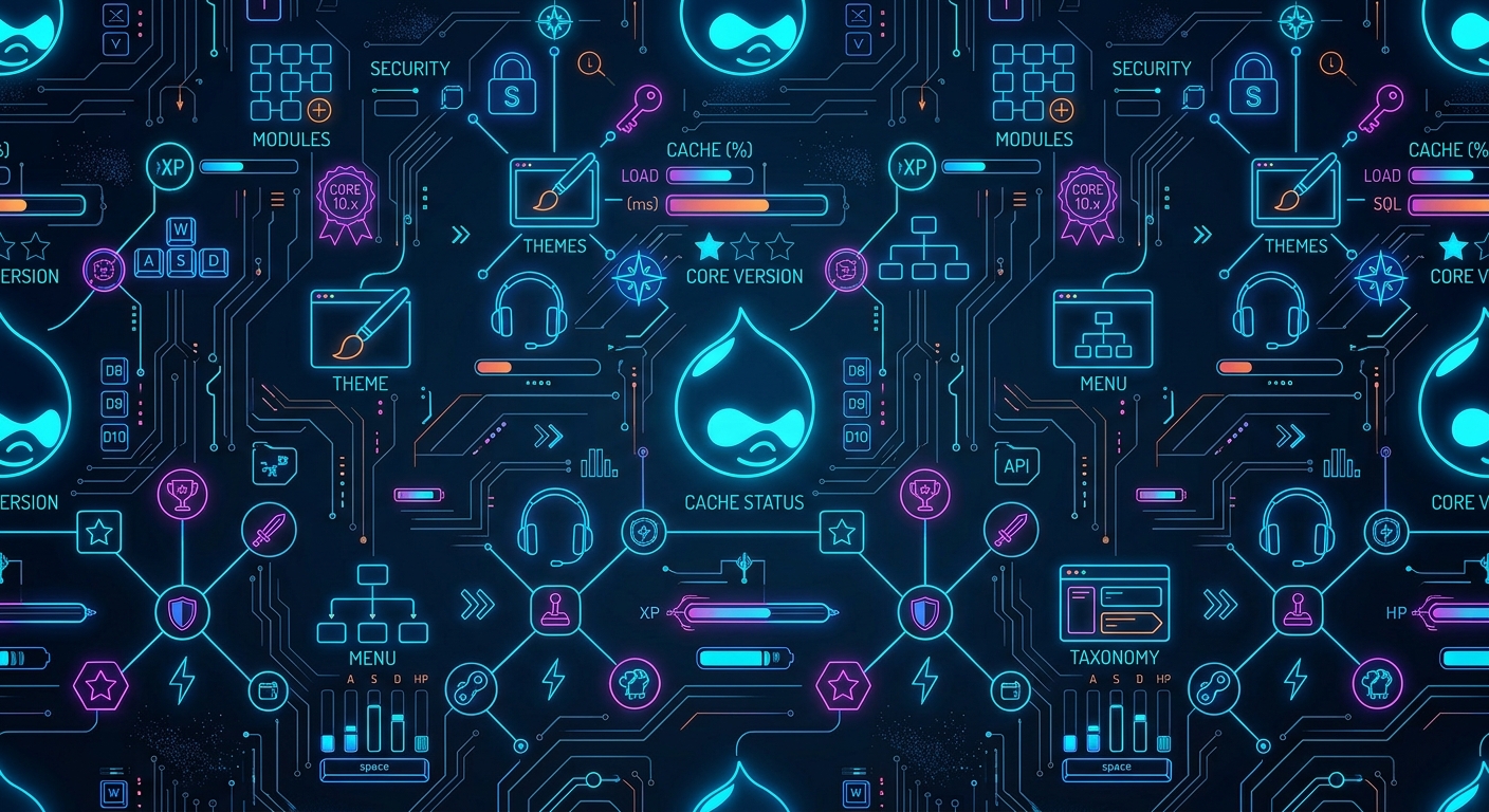 Neon-Grafik im Stil einer Leiterplatte mit dem Drupal-Logo und Tech-Symbolen.