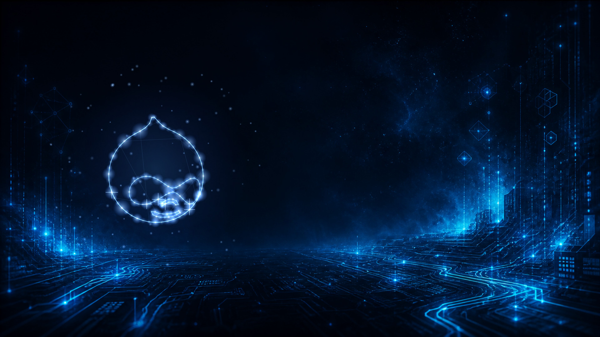 Dunkle, blau leuchtende Schaltkreis-Landschaft; das Drupal-Logo erscheint links als Sternbild aus Lichtpunkten und feinen Linien.
