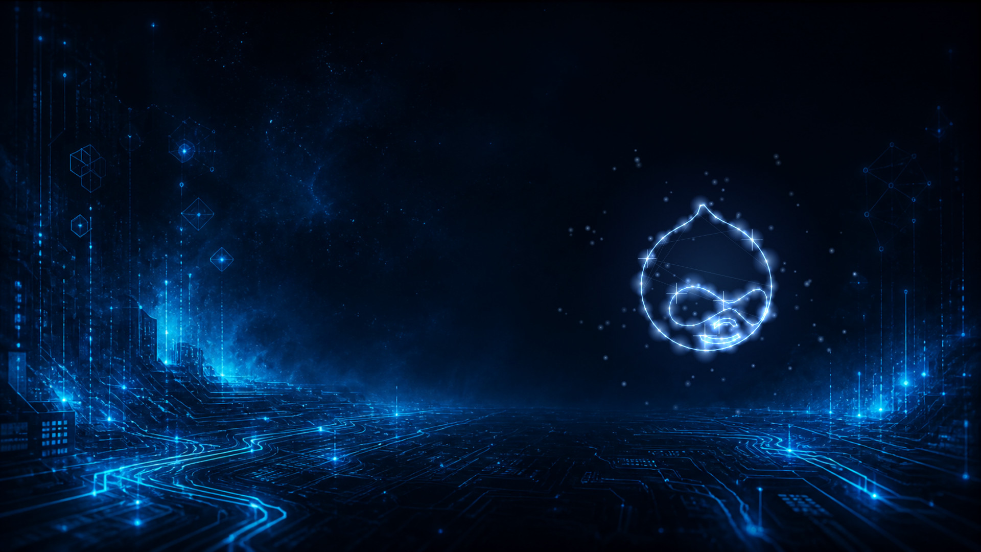Dunkle, blau leuchtende Schaltkreis-Landschaft; das Drupal-Logo erscheint rechts als Sternbild aus Lichtpunkten und feinen Linien.