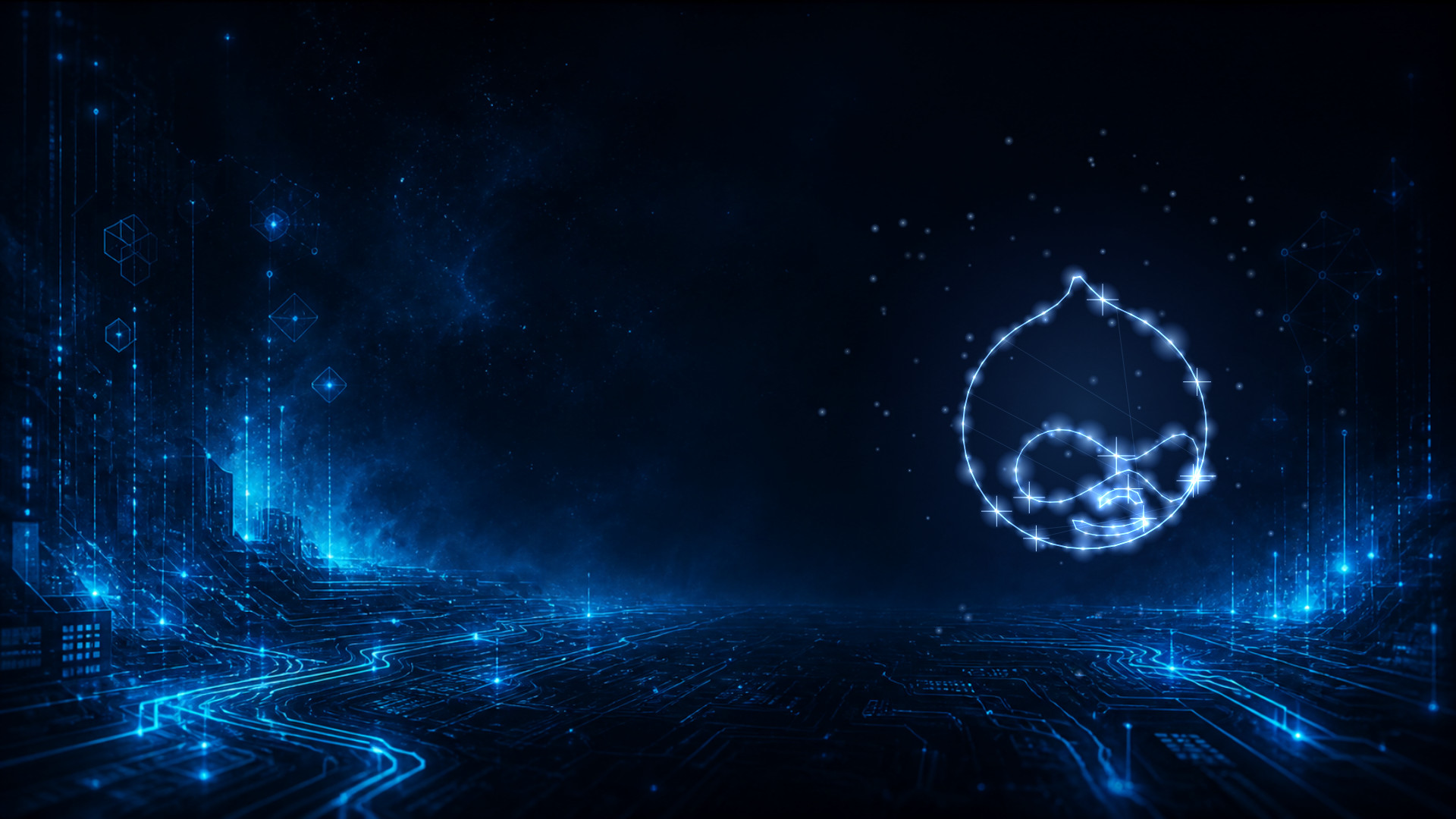 Dunkle, blau leuchtende Schaltkreis-Landschaft; das Drupal-Logo erscheint als Sternbild aus Lichtpunkten und feinen Linien.