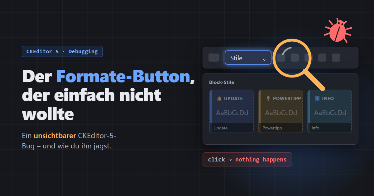 Grafik zur Fehlersuche: Lupe untersucht einen fehlerhaften Button in einer Benutzeroberfläche.