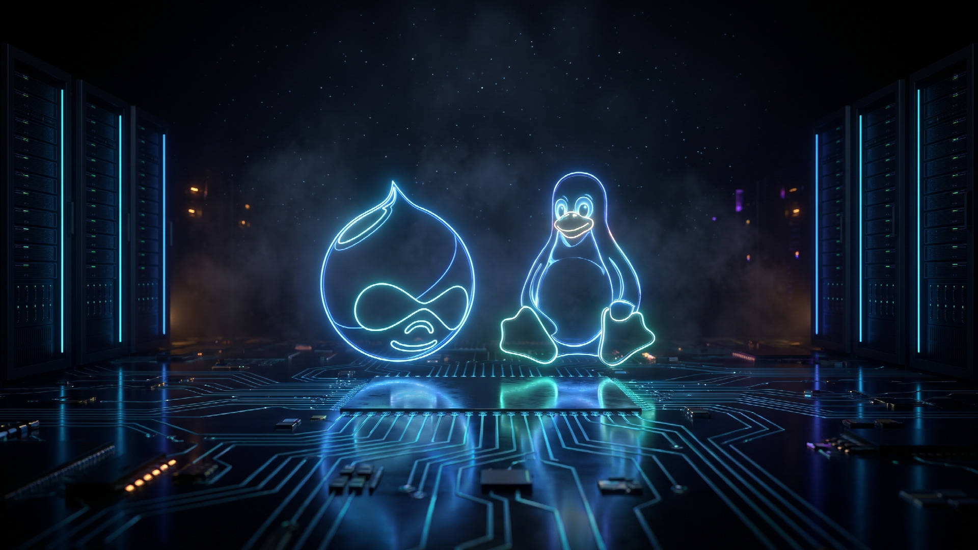 Neon-Umriss von Drupal-Tropfen und Tux auf einer blauen Schaltkreis-Bühne zwischen leuchtenden Servertürmen.