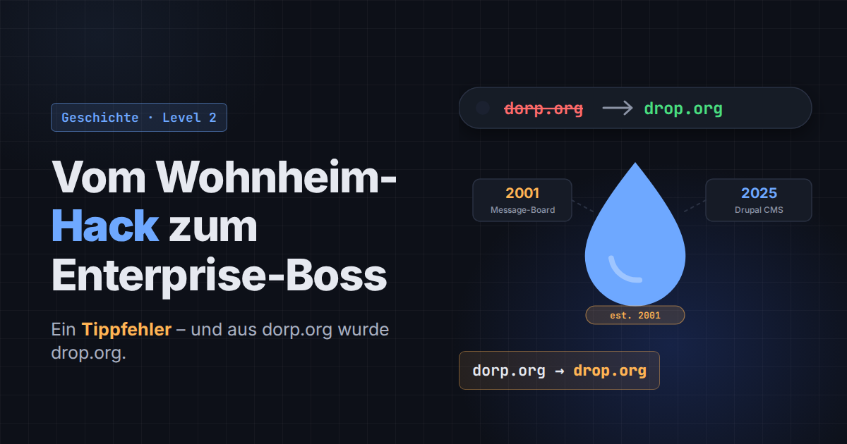 Adressleiste mit durchgestrichenem dorp.org und drop.org, darunter der blaue Drupal-Tropfen und das Gründungsjahr 2001.