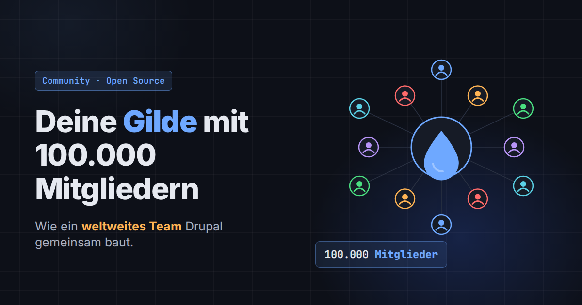 Netzwerk aus Entwicklerinnen und Entwicklern rund um den Drupal-Tropfen mit 100.000 Entwicklern und 50.000 Modulen.