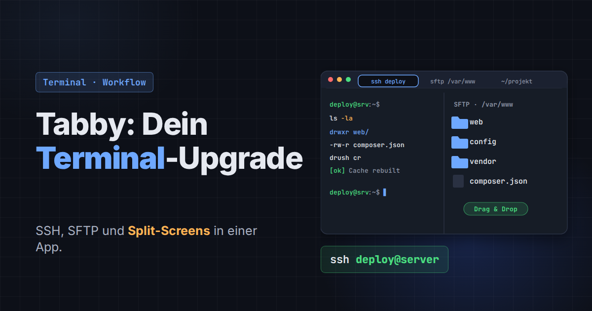 Tabby-Terminal mit Tabs, geteiltem Fenster aus SSH-Sitzung und SFTP-Dateibrowser.
