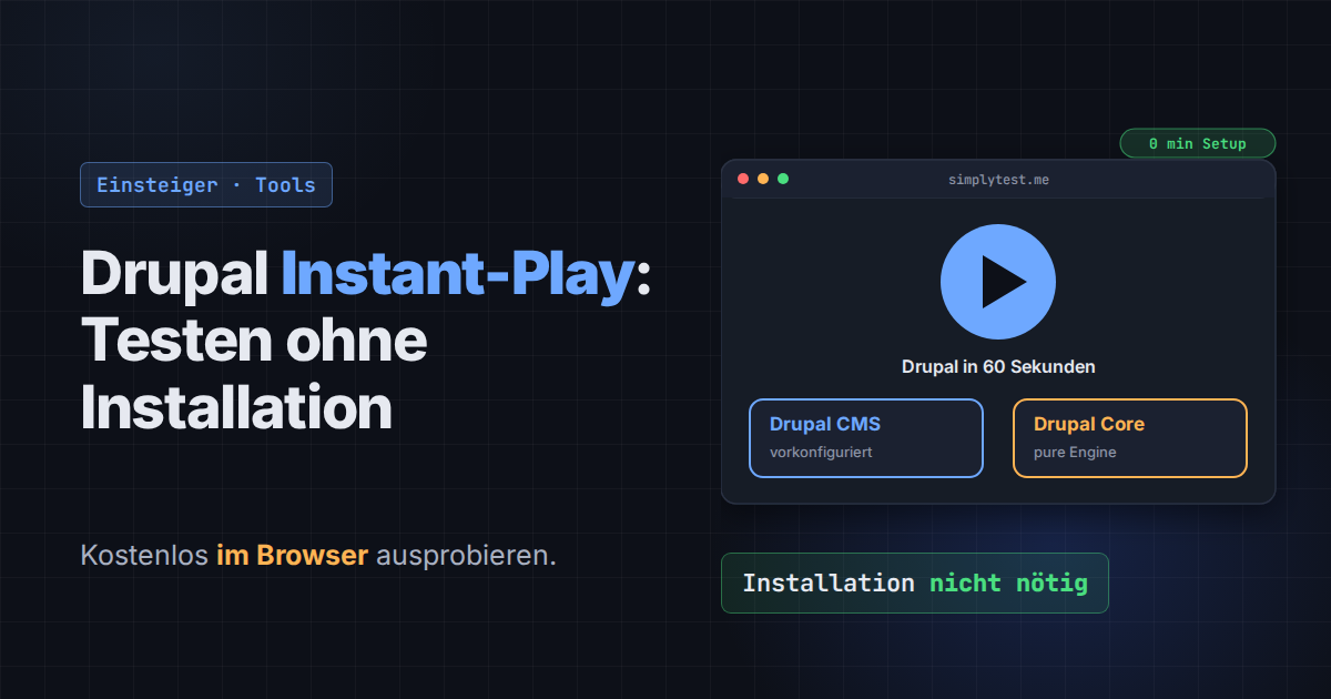 Browserfenster mit Play-Button und den Auswahlkarten Drupal CMS und Drupal Core.