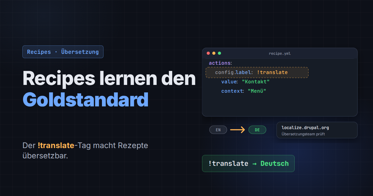 YAML-Rezept mit hervorgehobenem !translate-Tag und Übersetzungsweg von Englisch nach Deutsch.