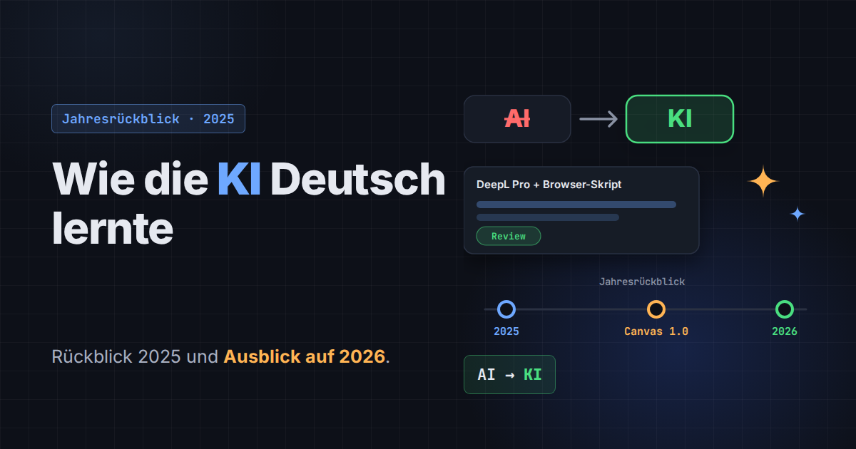 Durchgestrichenes AI wird zu KI, darunter eine Zeitachse von 2025 über Canvas 1.0 bis 2026.