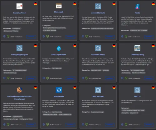 Eine Rasteransicht von zwölf Karten mit deutschen Beschreibungen für verschiedene Dienste.