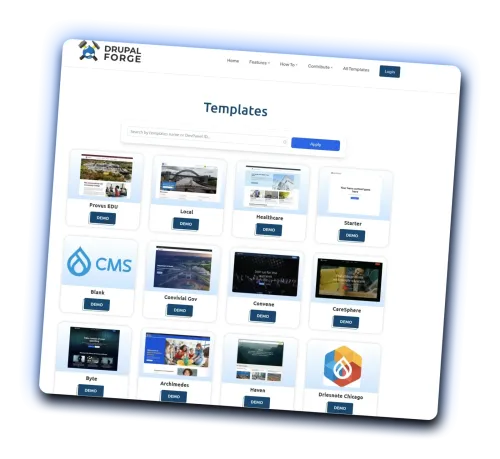 Screenshot der Drupal Force-Benutzeroberfläche mit einer Galerie von Website-Vorlagen.