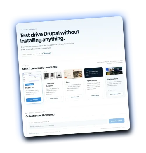 Screenshot der „Test Drive Drupal“-Webseite mit verschiedenen Website-Vorlagen.